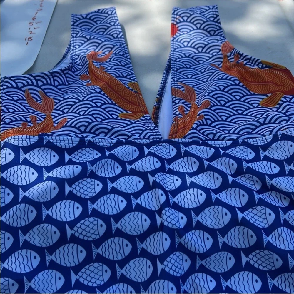 Averie Nirali Plunge One Piece Fish Print Blue Orange - Picture 6 of 6